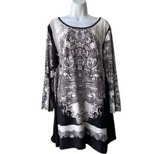 CALESSA Tunic Top Plus Size 2X Black White Prints Long Sleeve Knit Blouse
